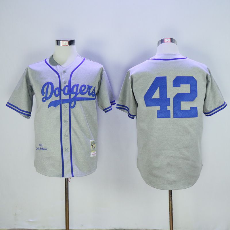 Men Los Angeles Dodgers #42 Robinson Grey Throwback 1955 MLB Jerseys->los angeles dodgers->MLB Jersey
